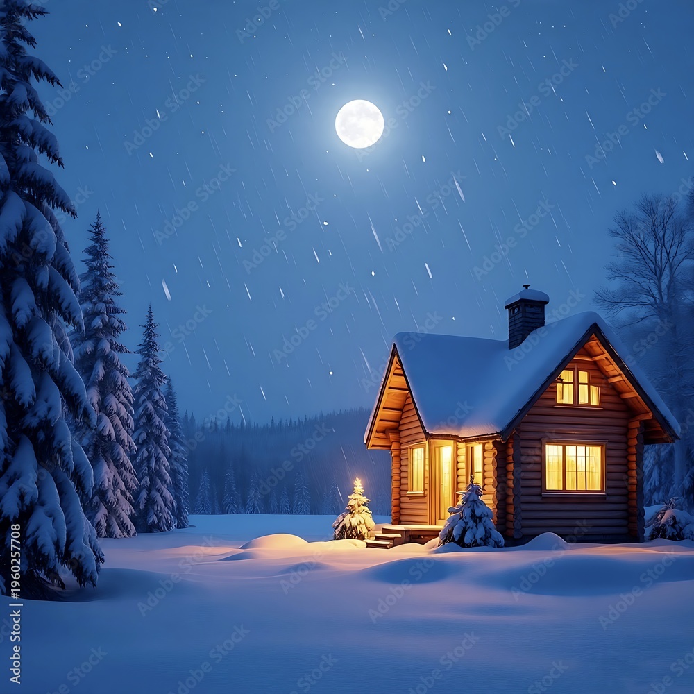 Naklejka premium A cozy cabin glows warmly on a snowy winter night under a full moon with a gentle snowfall so beautiful 
