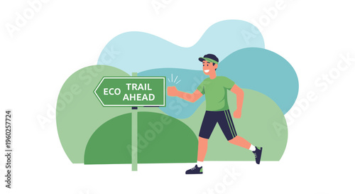Eco Trail Running Adventure Signpost Greeting Green Landscape