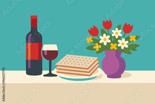 Passover Table with Wine, Matzot, and Flowers