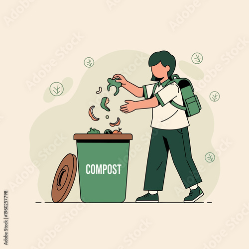 Eco-Conscious Person Composting Organic Waste In Green Bin