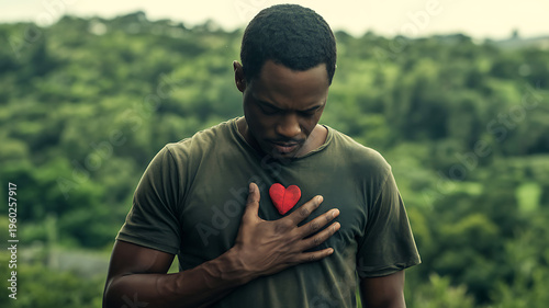 A young man gently holds a red heart over his chest conveying themes of love and compassion