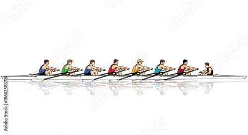 Eight Person Rowing Crew Synchronized Effort on Water Surface
