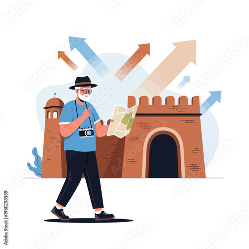 Elderly Adventurer Navigates Historic Site With Map Ascending Arrows