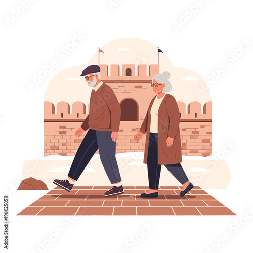 Elderly Couple Exploring Ancient Fortifications Together A Moment Of Shared Adventure