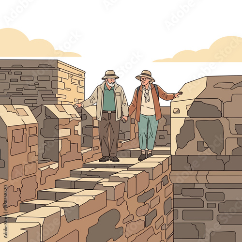 Elderly Couple Exploring Ancient Historic Fortification Architecture Outdoors