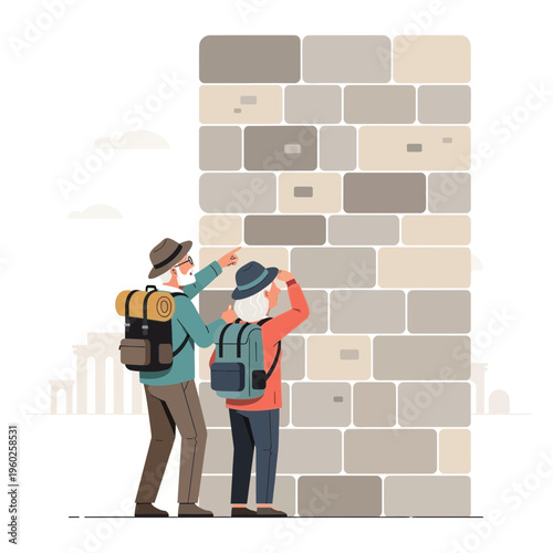 Elderly Couple Exploring Ancient Stone Wall Architecture During Their Travels