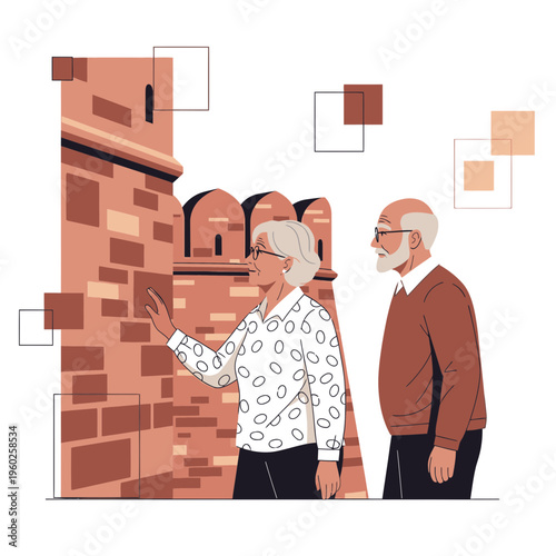 Elderly Couple Exploring Historic Ancient Architecture Outdoors Discovering Heritage