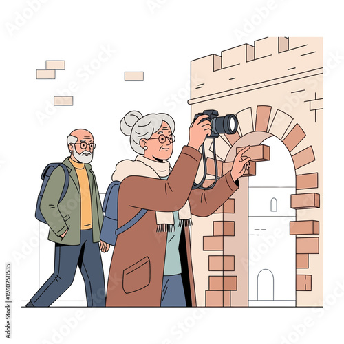 Elderly Couple Exploring Historic Architecture Capturing Memories With A Camera