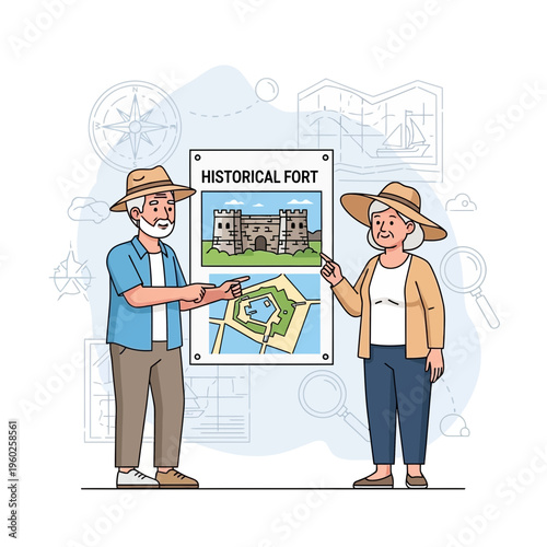 Elderly Couple Exploring Historical Fort Site With Map And Magnifying Glass