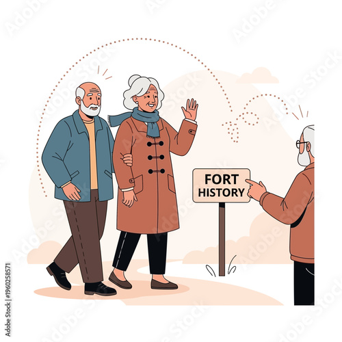 Elderly Couple Exploring Historical Fort Site Guided by Enthusiastic Senior