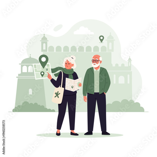 Elderly Couple Navigating Historical Landmark with Map Senior Tourists Exploring Architecture