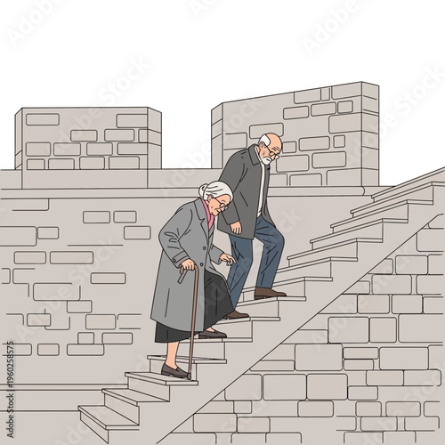 Elderly Couple Navigates Stone Staircase Together With Assistance