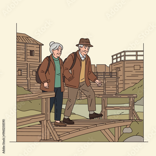 Elderly Couple Exploring Historic Wooden Structures Together On A Pleasant Day