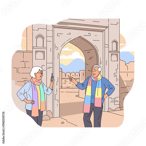 Elderly Tourists Explore Ancient Gateway Discovering Local History and Culture