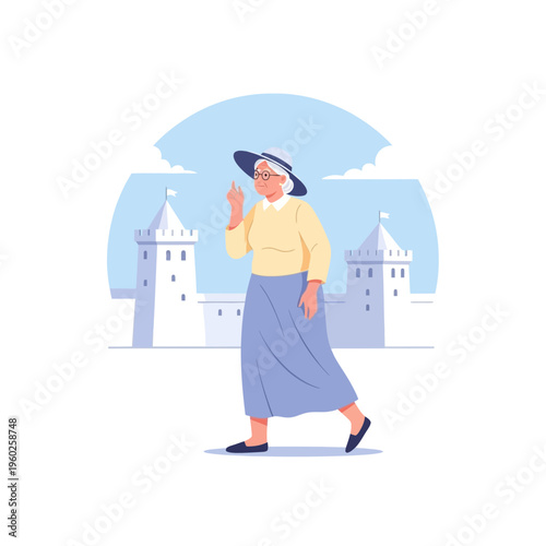 Elderly Woman Enjoying A Tour Of Historic Castle Architecture In Summer