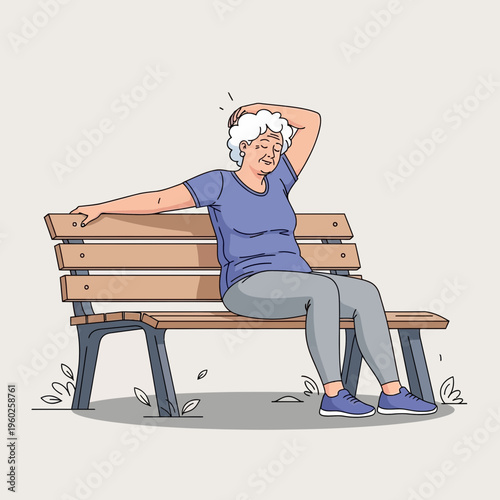 Elderly Woman Feeling Discomfort Sitting On Park Bench Outdoors