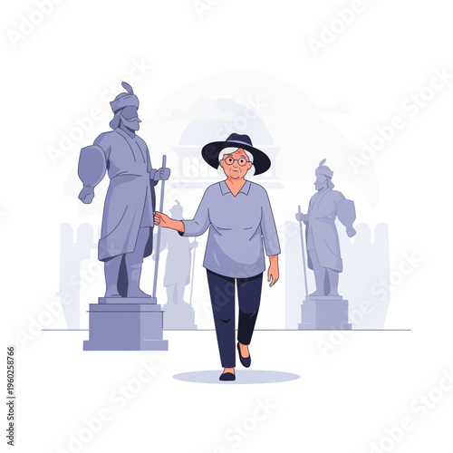 Elderly Woman Exploring Historical Statues Cultural Heritage Site Exploration