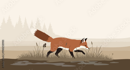 Elegant Fox Treading Through Reeds In A Misty Forest Landscape