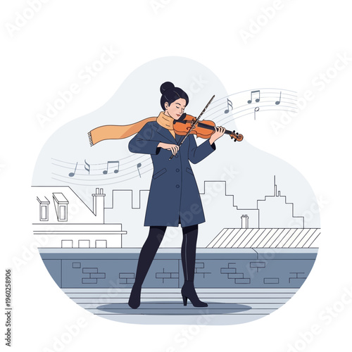 Elegant Musician Playing Violin Serenade Amidst Urban Skyline