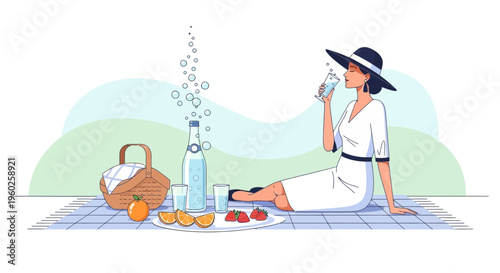 Elegant Woman Enjoys Refreshing Drink at a Chic Outdoor Picnic