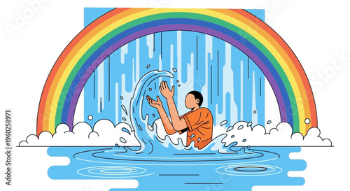 Embrace the Refreshing Cascade Under a Vibrant Rainbow Arc