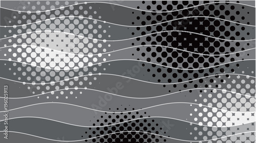 Monochrome Abstract Halftone Background with Wavy Lines