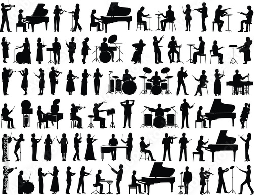 Flat vector silhouettes of musicians playing instruments, performing, entertaining, creating musicFlat vector silhouettes of musicians playing instruments, performing, entertaining, creating music