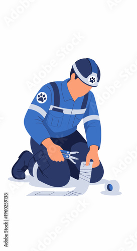 Emergency Rescuer Applying Bandage For Injury Care And First Aid