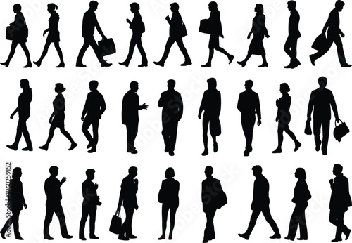 Flat vector silhouettes of people walking, carrying bags, casual professional postures