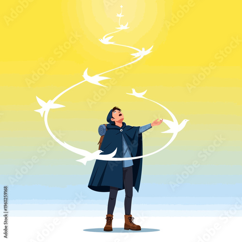 Empowered Individual Directs Nature's Graceful Flight Towards Bright Future