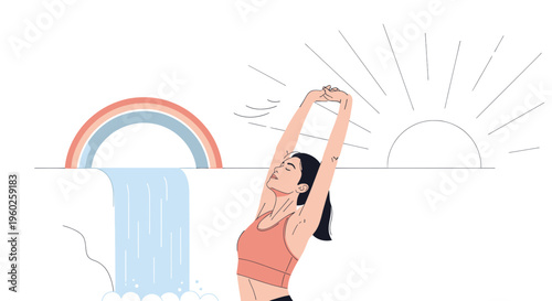 Empowered Woman Embraces New Day With Yoga Sunrise And Waterfall