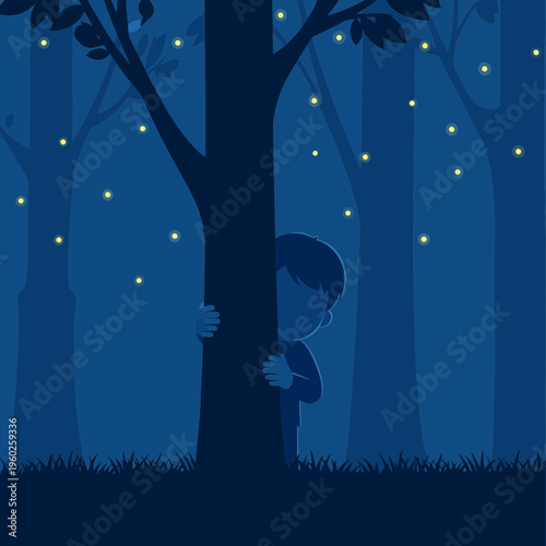 Enchanting Night Forest Scene With Child Peeking Behind Tree