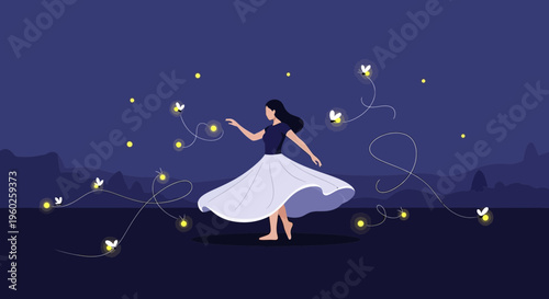 Enchanting Evening Dance With Fireflies Under Starry Sky