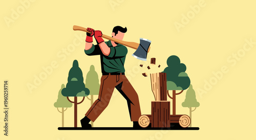 Energetic Lumberjack Chopping Wood Forest Scene Illustration