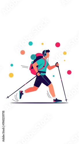 Energetic Hiker With Backpack And Poles Enjoying Outdoor Activity