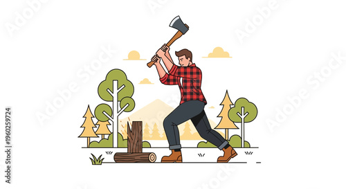 Energetic Lumberjack Chopping Wood In A Forest Setting