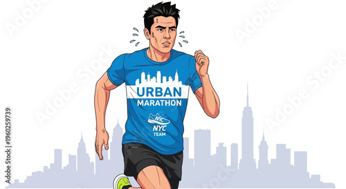Energetic Male Runner Competing In Urban Marathon With City Skyline
