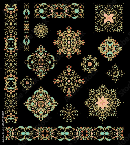 Set of decorative elements - ornamental rosettes, mandala, ornamental vector border ribbons, oriental style