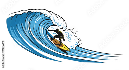 Energetic Surfer Riding A Powerful Ocean Wave Illustration Dynamic