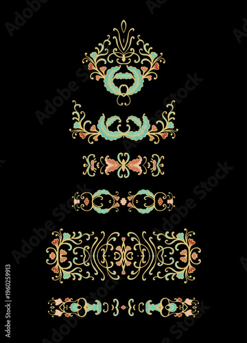 Set of decorative elements - ornamental rosettes, mandala, ornamental vector border ribbons, oriental style
