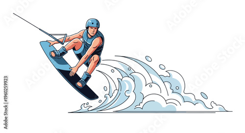 Energetic Wakeboarder Catches Air Over Stylized Waves