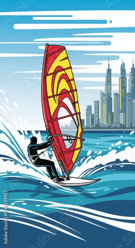 Energetic Windsurfer Gliding Towards A Modern Cityscape On A Sunny Day