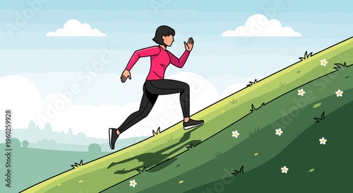 Energetic Woman Ascends Grassy Hilltop in Dynamic Silhouette