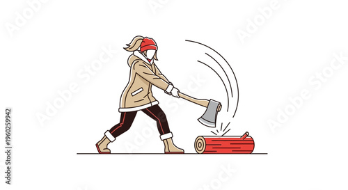 Energetic Woman Chopping Wood For Winter Firewood Preparation