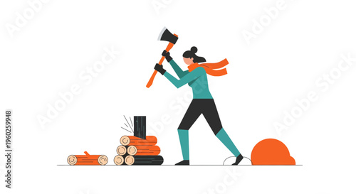 Energetic Woman Chopping Wood For Winter Season Preparation