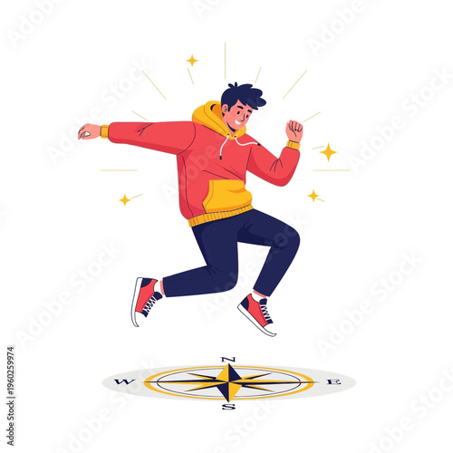 Energetic Young Man Leaping Over Compass Symbol of Direction and Adventure