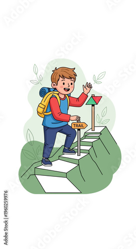 Energetic Young Hiker Ascends Rocky Trail With Backpack And Signposts