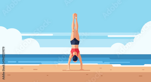 Energetic Woman Performs Handstand Pose On Sandy Beach With Ocean Background