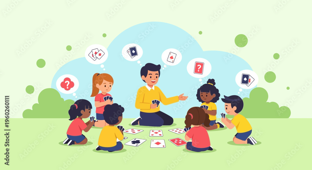 Fototapeta premium Engaging Children In A Card Game Activity Outdoors On A Sunny Day