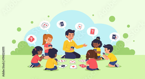 Engaging Children In A Card Game Activity Outdoors On A Sunny Day